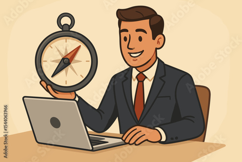 Business professional holding a compass, symbolizing strategic direction, corporate guidance, and vision. Man working on a laptop finding solutions and career path. Vector illustration.
