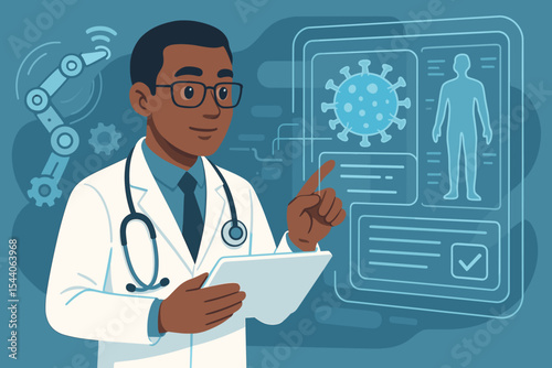Medical doctor using futuristic digital interface, analyzing COVID-19 virus research data, robotics innovation in healthcare, advanced diagnostic technology, hospital science illustration