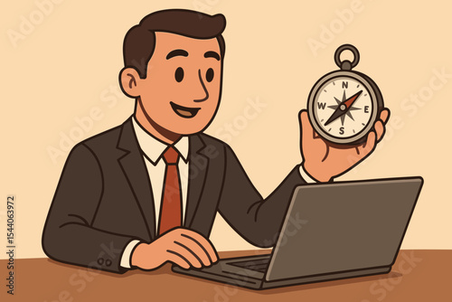 Smart businessman holding a compass while working on his laptop, symbolizing strategic business direction, future planning, corporate guidance, and navigating success. Vector illustration.
