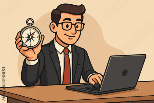 Cartoon Business Professional Man Holding Compass, Working on Laptop, Symbolizing Strategic Direction, Guidance, Planning, Leadership, Career Navigation. Corporate Success Vector Illustration.
