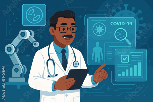 Doctor using tablet with robotic arm, digital screen data analysis, COVID-19 research, futuristic healthcare technology, medical innovation, virtual diagnostics, vector illustration