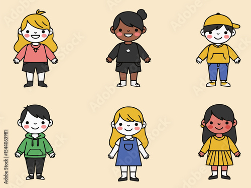 Joyful Kids in Playful Outfits: Adorable cartoon illustrations of diverse children, each in vibrant and unique attire, exuding pure joy and innocent charm.