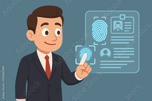Businessman using fingerprint scan for secure access to personal data. Biometric identification technology and authentication concept. Cybersecurity and digital privacy vector cartoon.