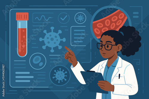 Medical researcher examining blood test results for viral infection on futuristic digital interface, scientific analysis, laboratory diagnostics, virology, healthcare technology, vector illustration