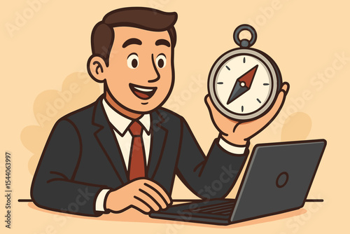 Businessman holding a compass for strategic direction and guidance. Concept of business navigation, leadership, and vision. Manager at desk with laptop finding the right path. Cartoon.