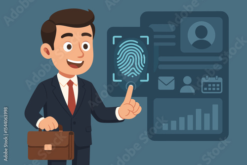 Professional businessman cartoon vector illustration accessing personal data using fingerprint identification technology for secure biometric authentication and digital privacy management concept.