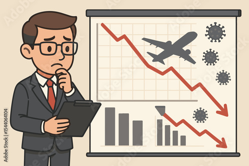Stressed businessman analyzing declining aviation industry graphs due to COVID-19 pandemic impact, portraying economic crisis, travel industry struggles, global recession, and financial challenges.