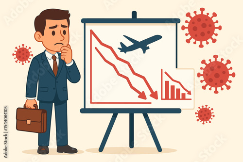 Businessman analyzing sharp declining aviation industry graphs, global economic recession due to COVID-19 pandemic impact. Financial crisis, airline downturn, travel restrictions, vector cartoon art.