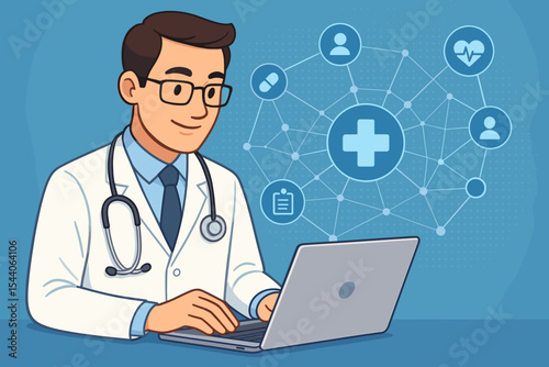 Doctor using laptop for online consultation. Telemedicine and healthcare technology concept. Male physician accessing medical network, patient data and electronic health records. Vector.