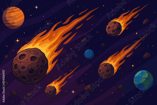 Flaming meteorites asteroids in deep outer space passing planets Earth Saturn Neptune. Astronomy science fiction concept. Cosmic fireballs burning atmosphere. Cartoon vector illustration background