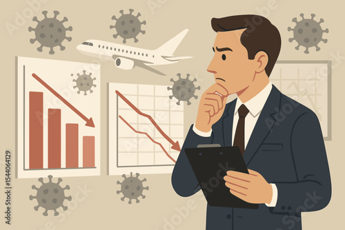 Worried businessman analyzes declining aviation industry graphs amidst COVID-19 pandemic. Global economic crisis, market downturn, and business challenges.