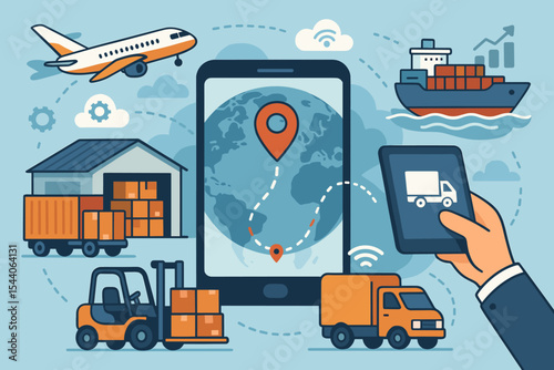 Global Supply Chain Logistics Vector Illustration—Smart Technology Navigation, International Shipping, Air Freight, Sea Freight, Cargo Warehouse, Delivery Trucks, Mobile Tracking Concept