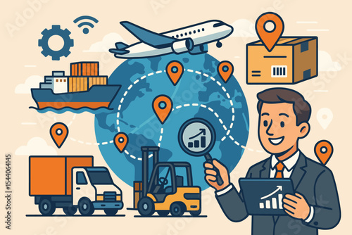 Global Supply Chain Logistics Management Vector Illustration. International Shipping, Air Freight, Cargo Tracking, Smart Technology Integration, Distribution Network, Export Import, Delivery Solutions