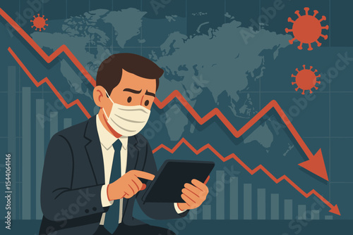 Worried businessman in suit wearing face mask analyzing global economic crisis on tablet during pandemic, financial downturn chart, coronavirus impact concept, vector illustration