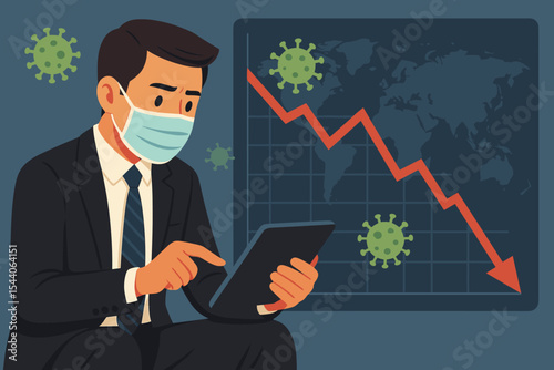 Businessman in mask analyzing global economic downturn with tablet during pandemic, financial crisis impact, falling stock market, virus outbreak, worldwide recession, cartoon vector illustration