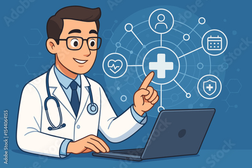 Doctor using laptop with virtual interface showing medical network icons. Telehealth, E-health, digital healthcare technology concept. Online consultation, electronic patient records. Vector.