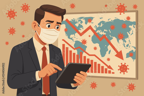 Businessman in mask analyzing global economic crisis during pandemic, financial downturn, stock market crash, virus impact on world economy, vector illustration, data analysis, recession