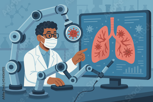 Medical research concept with doctor using robotic arms to analyze lungs with coronavirus. Future healthcare technology, virology, and pulmonology in a modern laboratory setting.