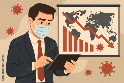 Businessman in Suit Analyzing Global Economic Crisis Impact During Pandemic Using Tablet, Financial Market Crash Chart, Coronavirus Recession, Vector Illustration, Worldwide Economy Downturn