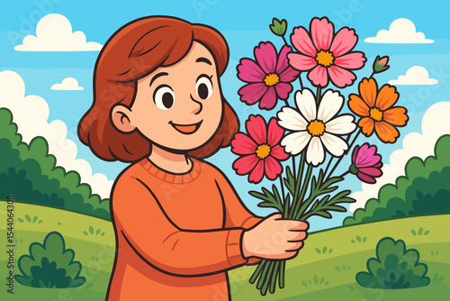 Smiling girl holding colorful cosmos flower bouquet outdoors, spring garden landscape, happy child character, cheerful floral arrangement, cartoon vector illustration, nature, plants, positivity