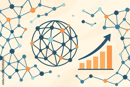 Global business data analysis and financial growth concept. Vector illustration of network technology with abstract sphere and bar chart. Market analytics and investment success.