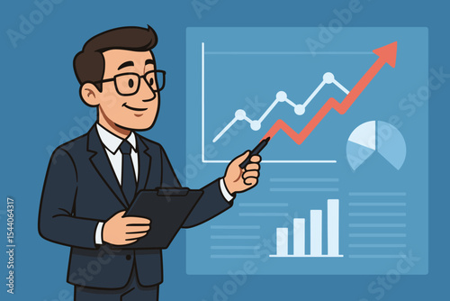 Cartoon businessman character giving a corporate presentation with financial data analysis. Speaker pointing at a rising graph and charts showing sales growth, success and profit.