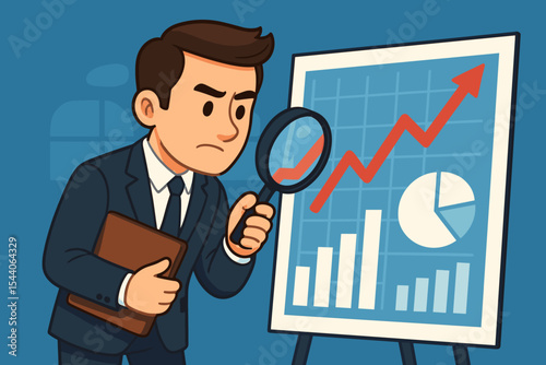 Businessman analyzing financial report with magnifying glass. Manager inspecting sales data, growth graph and pie chart. Vector cartoon illustration of market research and statistics.