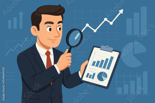 Professional businessman analyzing financial graph, sales data, and market performance with magnifying glass on clipboard. Corporate business strategy, economic growth, profit success cartoon vector.