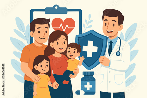 Family Health Insurance Protection Concept. Doctor with Shield and Medical Cross, Parents and Children Group. Healthcare, Medical Support, Life Insurance, Safe Family Care Vector Cartoon Illustration