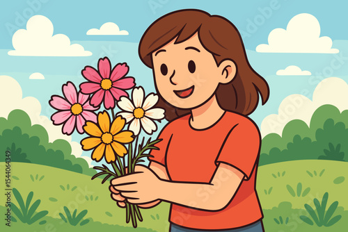 Smiling girl holding bouquet of colorful cosmos flowers outdoors, cartoon vector illustration, happy child in nature, spring or summer garden scene, children enjoying blooming wildflowers