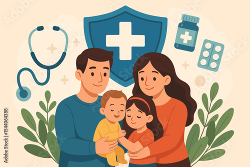 Family health insurance and medical protection concept. Happy parents with children safe under a big shield. Healthcare, life coverage, security, and well-being vector cartoon.