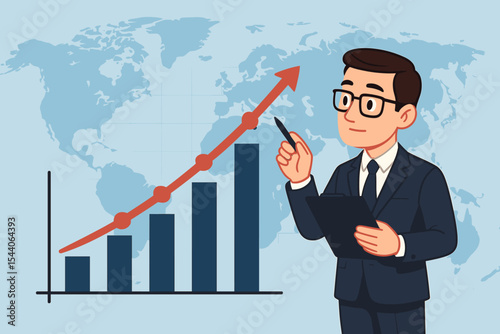Professional businessman analyzing financial growth chart on world map background, showing successful economic development, global market increase, investment strategy. Vector cartoon illustration.