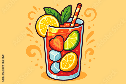 Vibrant Summer Fruit Drink with Straw, Lemon, Lime, Strawberry, Ice Cubes, Mint Leaves in Glass. Refreshing Citrus Beverage Cartoon Vector Illustration. Fresh Juice, Cocktail, Summer Refreshment
