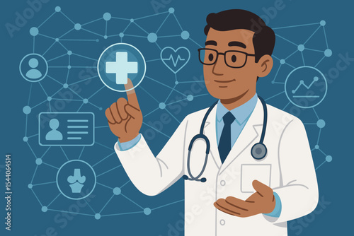 Dedicated Male Doctor Interacting with Virtual Digital Healthcare Interface. Telemedicine, eHealth, Patient Data Management, Medical Network, and Technology Innovation. Cartoon Vector Art.