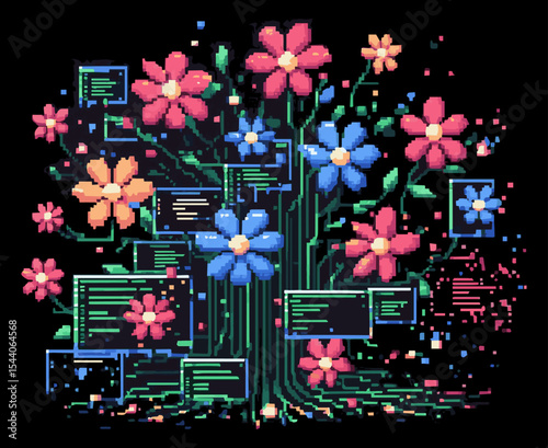 Pixel art illustration of colors and pop-up digital computer windows as a symbol of the fusion of nature and technology on a black isolated background. Vector graphics. EPS.