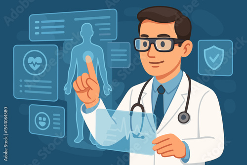 Doctor interacting with virtual interface technology for medical diagnosis, patient data analysis, and healthcare innovation. Future medicine, telemedicine, digital health illustration concept.