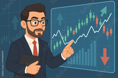 Businessman analyzing stock market data on virtual screen, pointing at financial charts, candlestick graphs showing growth & decline, investment strategy, economic trends. Vector cartoon illustration.