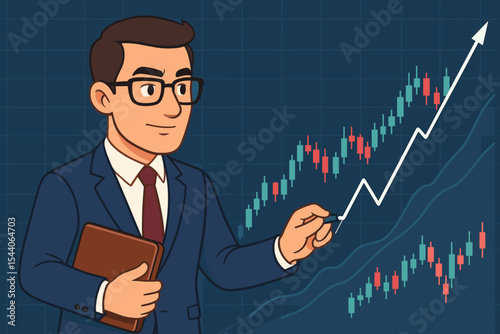 Smart Businessman Analyzing Growing Stock Market Data and Financial Trends on Virtual Screen. Cartoon Investor Tracking Positive Chart, Success, Investment, Business Growth, and Economic Profit Vector