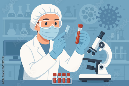 Laboratory scientist examining blood sample for virus research. Covid-19 analysis, medical laboratory test, healthcare technology. Microscope, test tubes, clinical research vector illustration