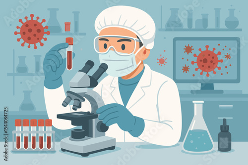 Medical Scientist Examining Blood Sample for Coronavirus COVID-19 Research in Laboratory with Microscope, Test Tubes, Virus Icon on Monitors, Healthcare Technology Vector Illustration