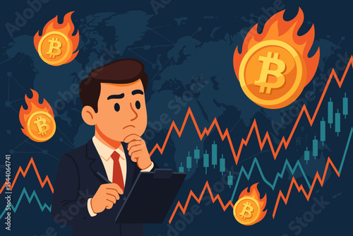 Businessman analyzing volatile cryptocurrency and Bitcoin market trends with burning coins, fluctuating financial charts, global data, candlestick graphs, digital investment risk concept vector