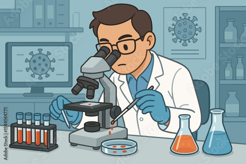 Scientist in Laboratory Researching Virus, Analyzing Blood Samples with Microscope and Test Tubes, Developing Vaccine Against COVID-19, Medical Research, Laboratory Equipment, Vector Illustration