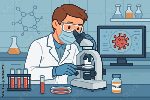 Scientist researching covid-19 coronavirus vaccine development in laboratory. Cartoon vector of doctor using microscope, test tubes, petri dish, medical mask, gloves, virus analysis on monitor screen