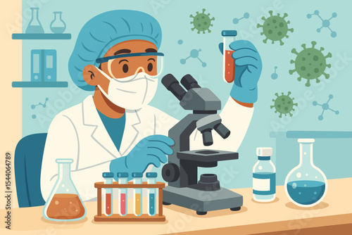 Scientist working in laboratory analyzing virus samples, vaccine research, microscope, test tubes, beakers, protective equipment, medical laboratory, COVID-19 coronavirus research concept vector