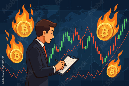 Businessman analyzing volatile cryptocurrency market trends, burning Bitcoin coins, rising candlestick chart, financial trading graph, global digital money crisis concept, vector illustration