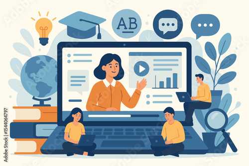 Online education and e-learning concept. Teacher on laptop screen for webinar or virtual class. Students studying with computers. Internet training and distance learning vector.