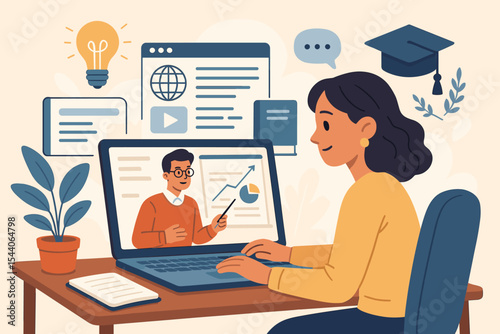 E-learning and distance education concept. Woman at laptop in online class, watching a teacher's webinar. Internet course for business training and professional skill development.