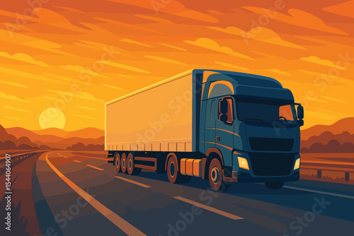 Semi trailer truck driving on highway at sunset, cargo transportation, logistics delivery concept, freight shipping vehicle, commercial transport industry, scenic road, vector illustration