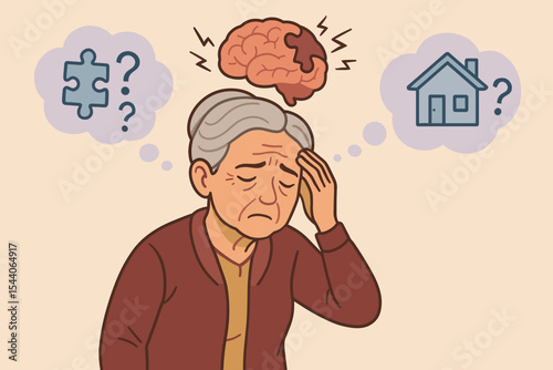 Elderly Woman's Struggle with Memory Loss, Cognitive Decline, and Brain Damage from Alzheimer's Disease. Senior Female Experiencing Confusion, Mental Illness, Dementia. Vector Cartoon Illustration.