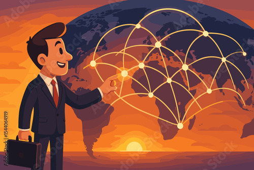 Global business connection concept. Businessman pointing at a worldwide communication network on Earth. International trade, data exchange, and technology strategy. Globalization vector.
